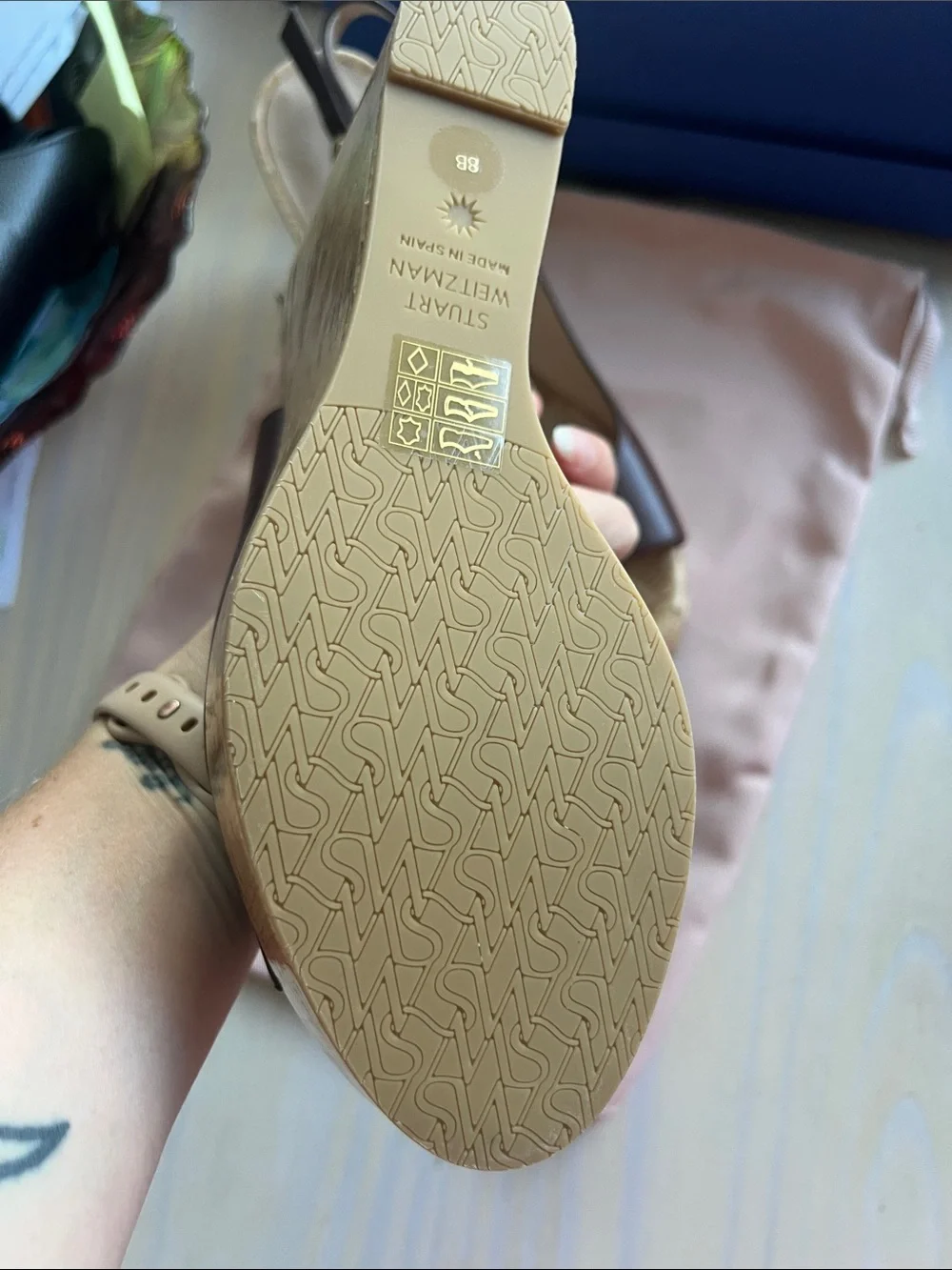 Stuart Weitzman Mahogany Leather Cork Wedge Slingbacks